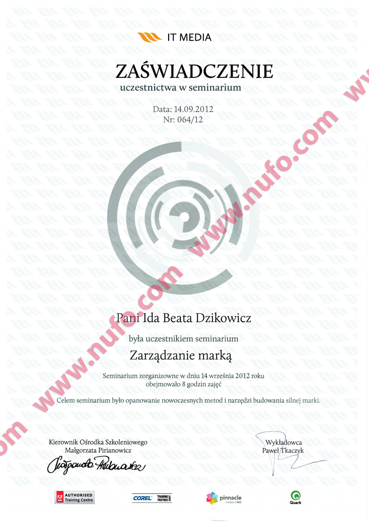 Certificate of Attendance at the Brand Management Seminar