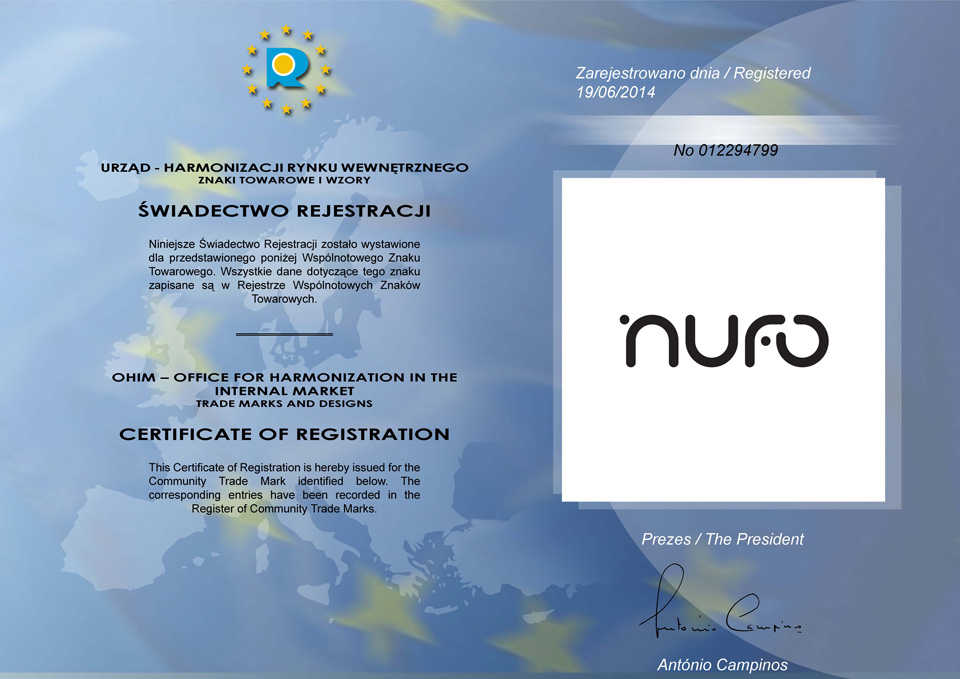 Certyfikat rejestracji znaku Nufo